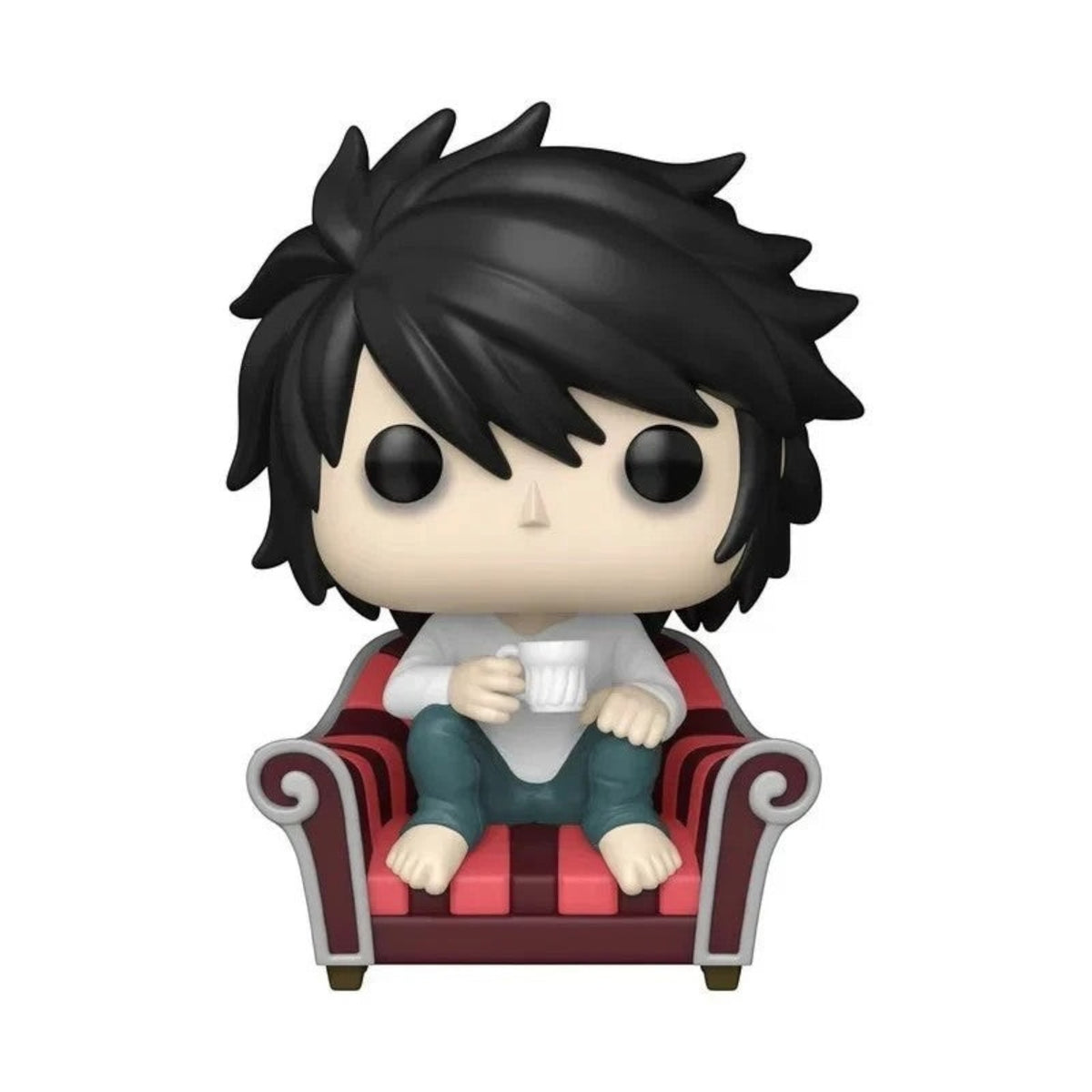 Toysverse TCG Death Note L vinyl figure sitting in a red and black armchair holding a white mug