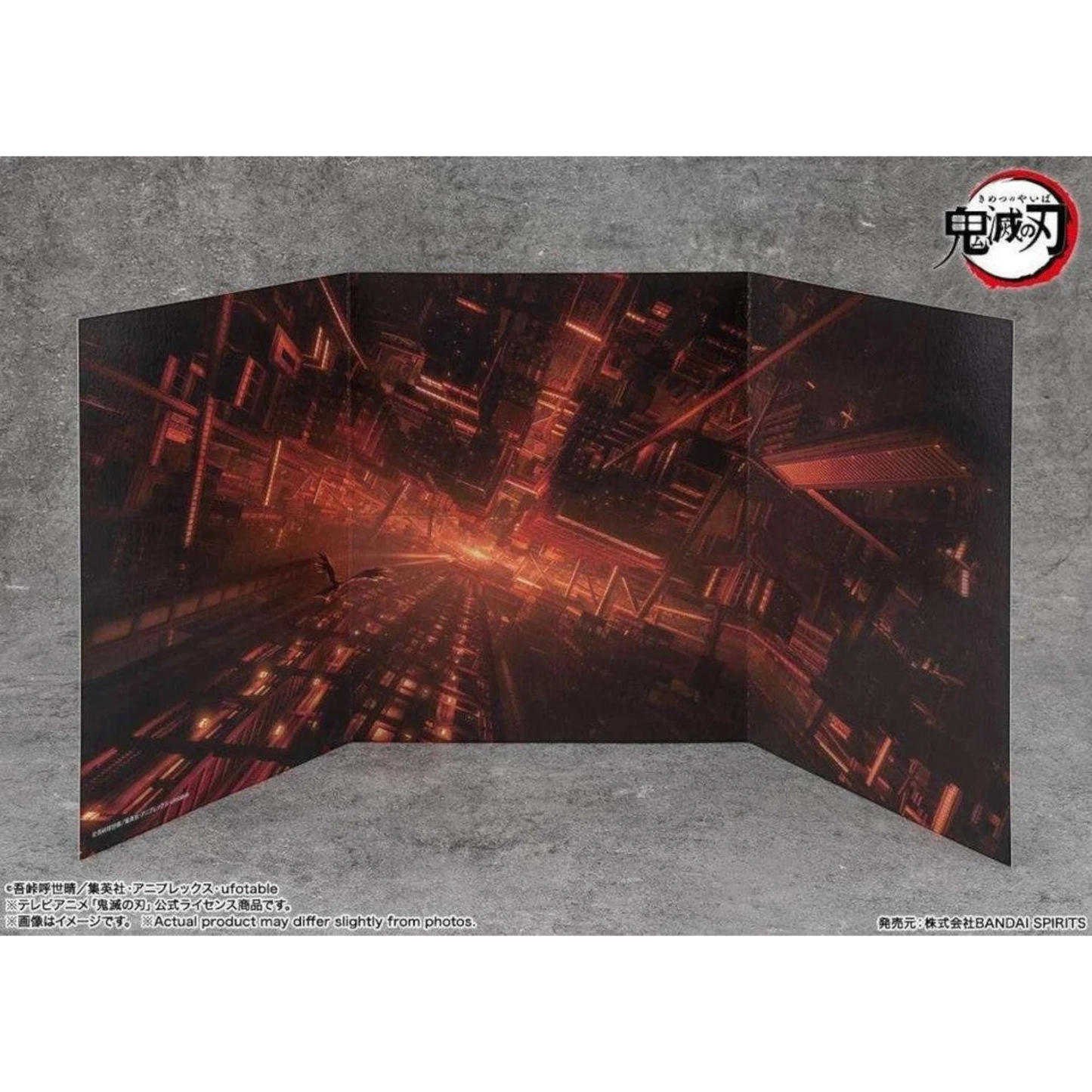 Toysverse TCG Demon Slayer Tanjiro action figure diorama background, futuristic city scene with red and orange lights.