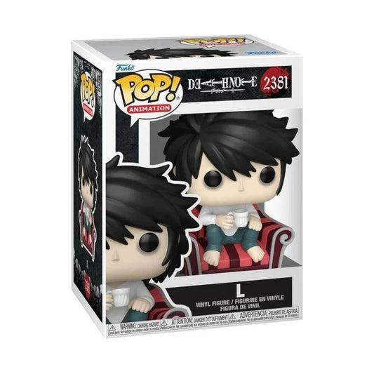 Toysverse TCG Death Note L Funko Pop vinyl figure sitting in a chair inside its original display box