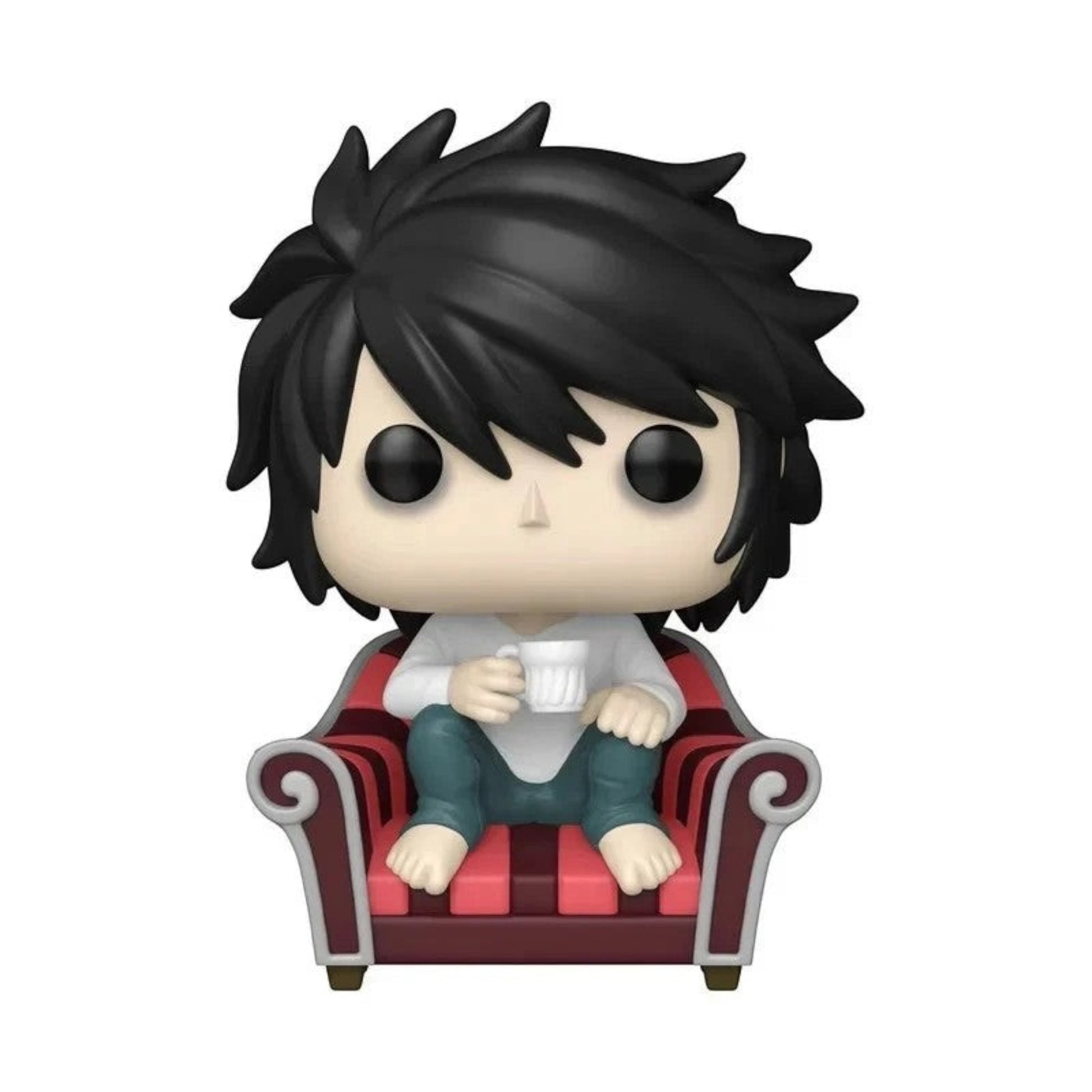 Toysverse TCG Death Note L vinyl figure sitting in a red and black armchair holding a white mug