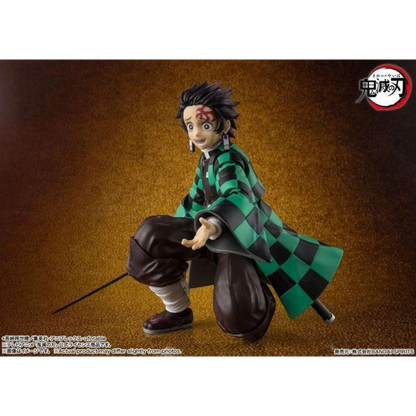 Toysverse TCG Demon Slayer Tanjiro Kamado action figure in green and black checkered haori and brown pants, holding a sword.
