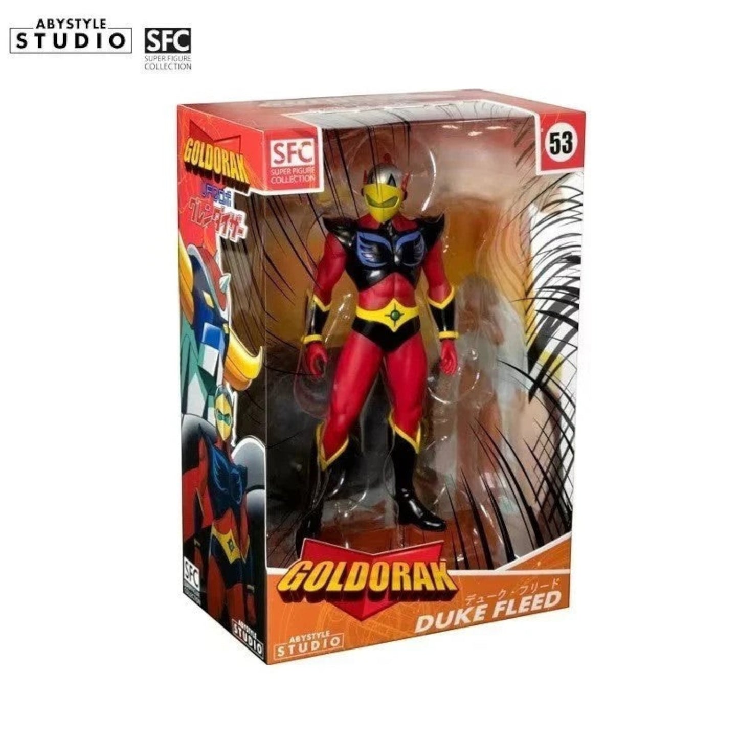 Toysverse TCG ABYstyle STUDIO Duke Fleed figure in red and black combat suit with yellow helmet in display box