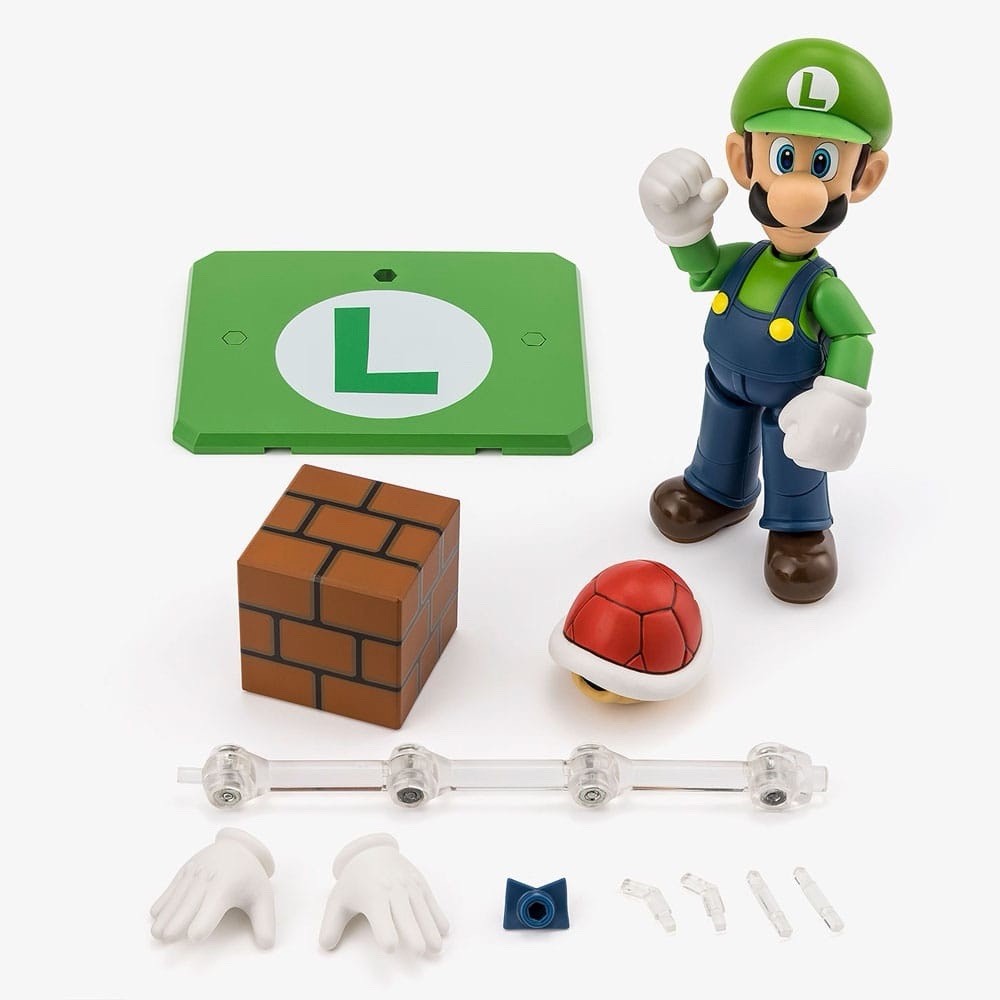 Toysverse TCG Bandai S.H. Figuarts Luigi action figure with green hat, overalls, brick block, shell, and accessories.