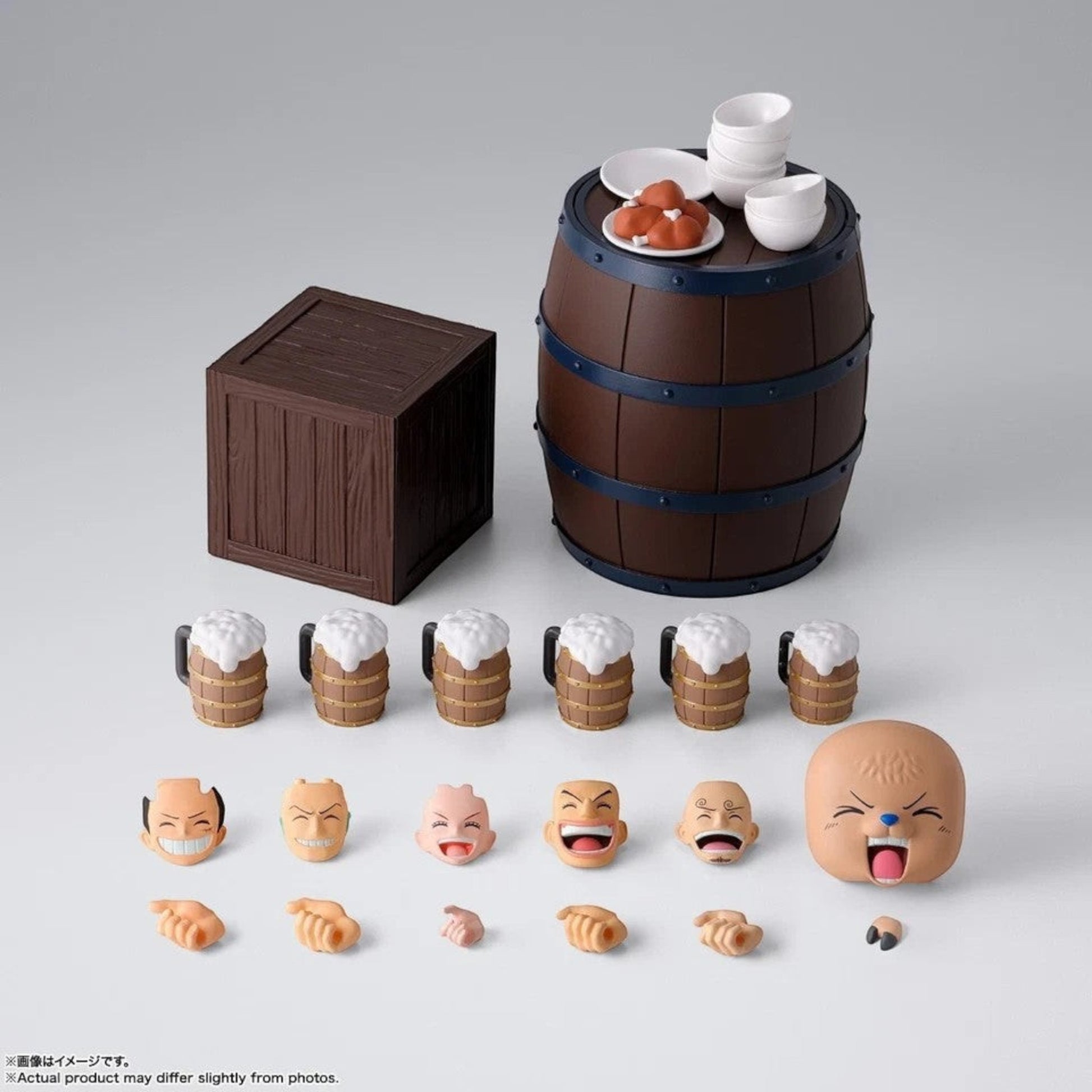 Toysverse TCG One Piece party accessory set including miniature barrel, crate, ale mugs, and character face parts.