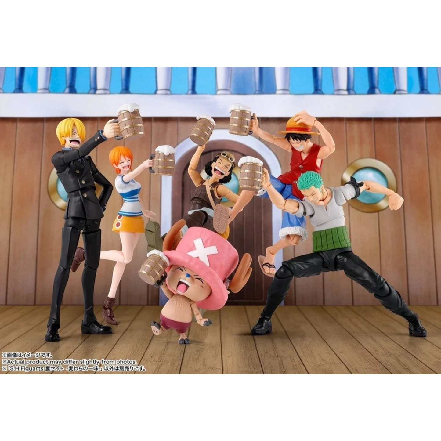 Toysverse TCG One Piece party set featuring Straw Hat Pirates figures with miniature ale mugs and diorama background