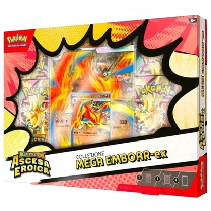 Toysverse TCG Pokemon Mega Evolution Ascesa Eroica Collection Box featuring Mega Emboar-EX card and booster packs.