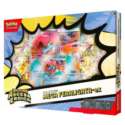 Toysverse TCG Pokemon Mega Evolution Ascesa Eroica Collection Box featuring Mega Feraligatr-EX, Mega Blaziken-EX, and Mega Meganium-EX cards.