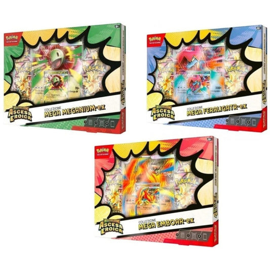 Toysverse TCG Pokemon Mega Evolution Ascesa Eroica Collection Box featuring Mega Blaziken, Mega Feraligatr, and Mega Emboar EX cards.