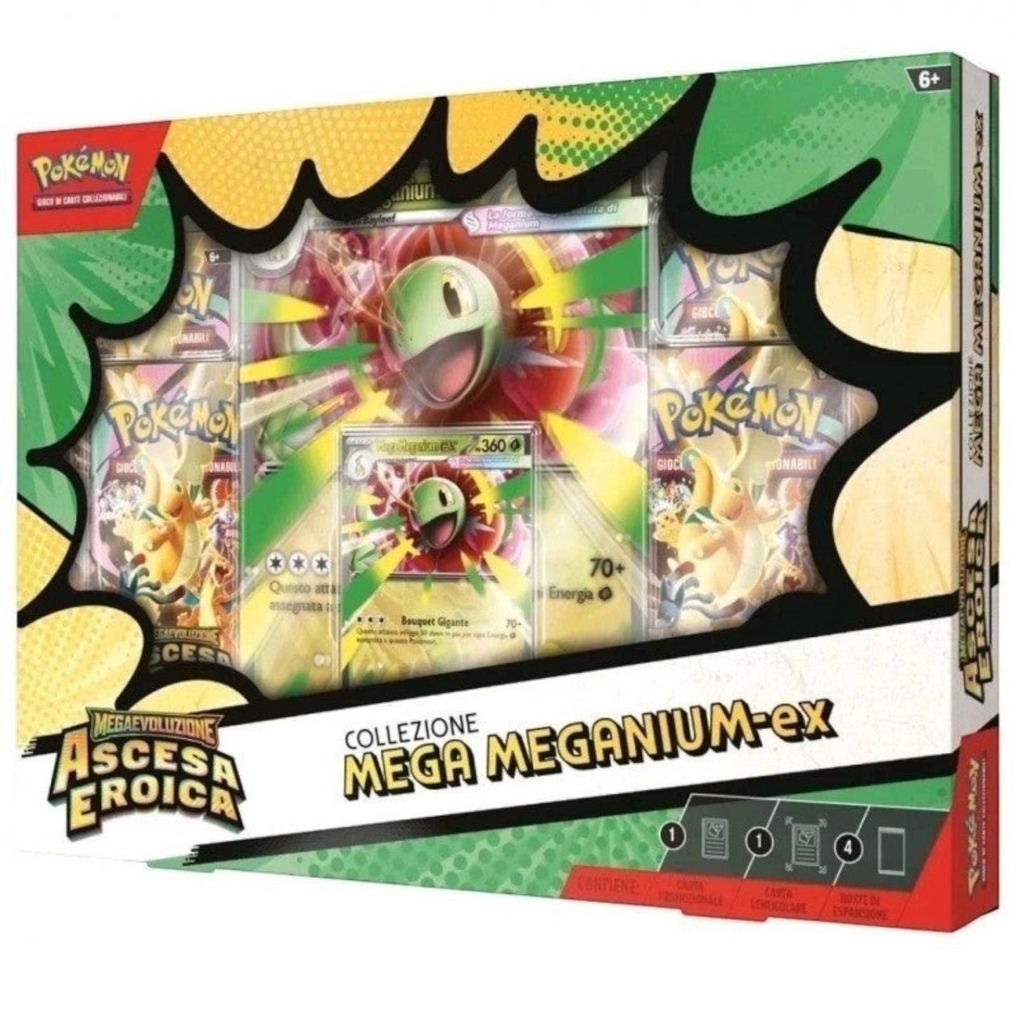 Toysverse TCG Pokemon Mega Evolution Ascesa Eroica Collection Box featuring Mega Meganium-EX card and booster packs.