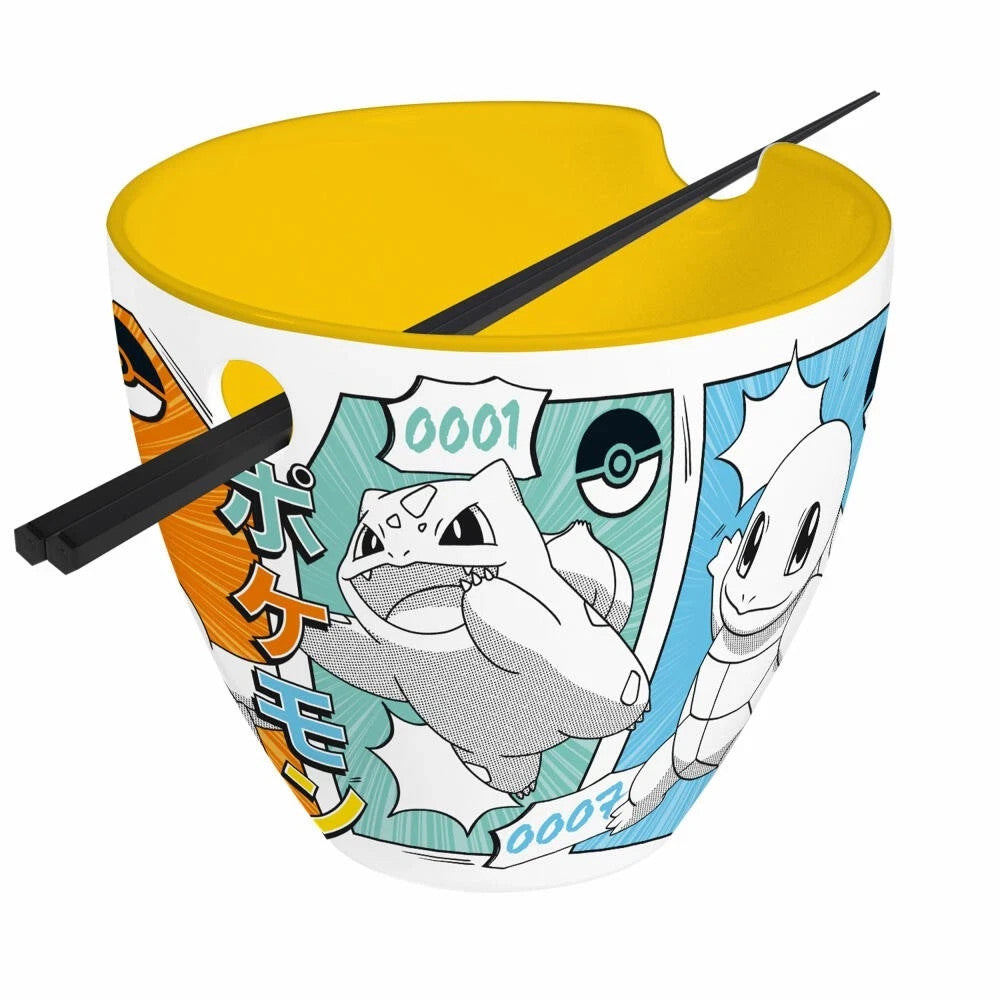 Toysverse TCG Pokemon ceramic ramen bowl featuring starter characters with black chopsticks and yellow interior