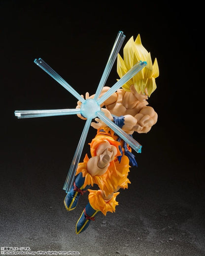 Toysverse TCG Super Saiyan Goku action figure performing a blue energy blast attack with spiky yellow hair