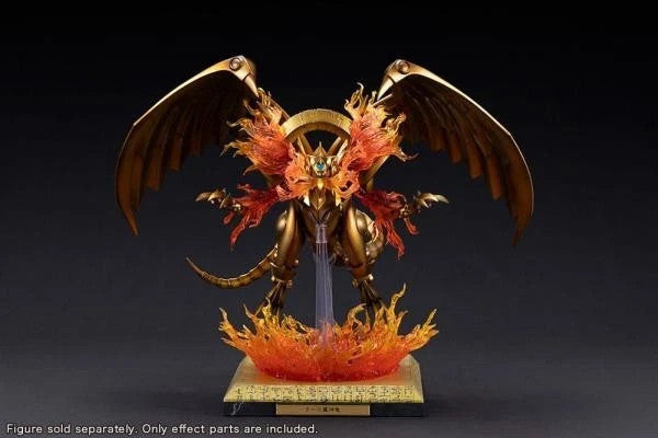 Toysverse TCG The Winged Dragon of Ra statue with Blaze Cannon flame effect parts, LED base, and golden dragon wings.